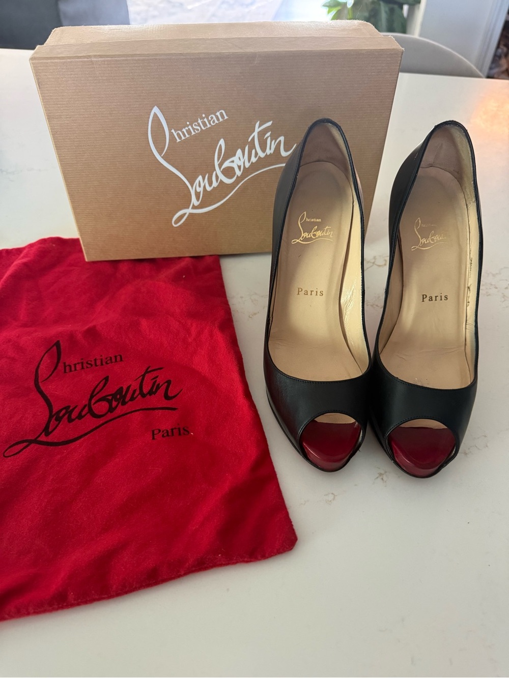 Christian Louboutin Black Leather Peep-Toe Pumps with Red Patent Toe 38